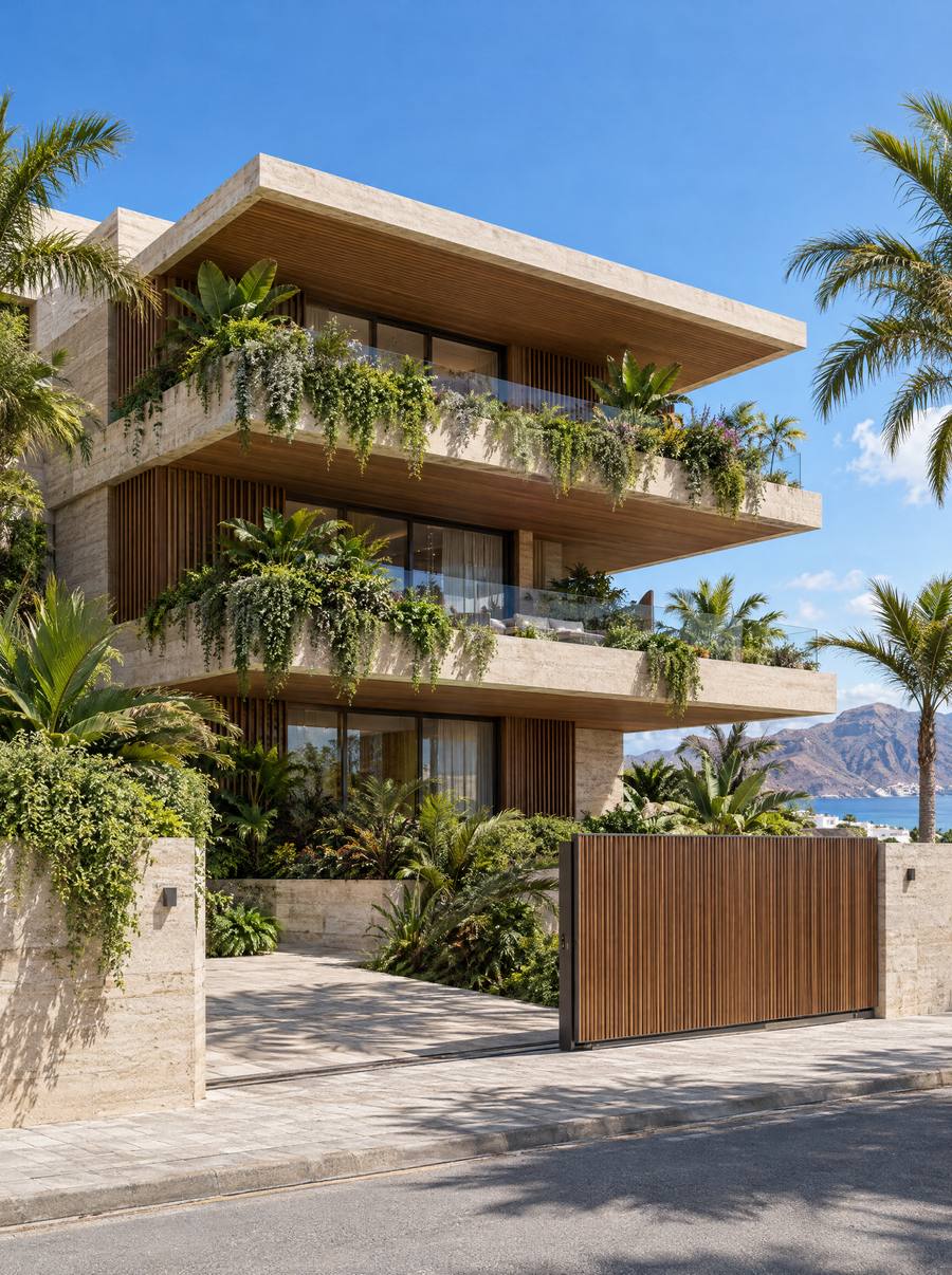 Edificio residencial de tres plantas con voladizos, piedra clara y vegetación