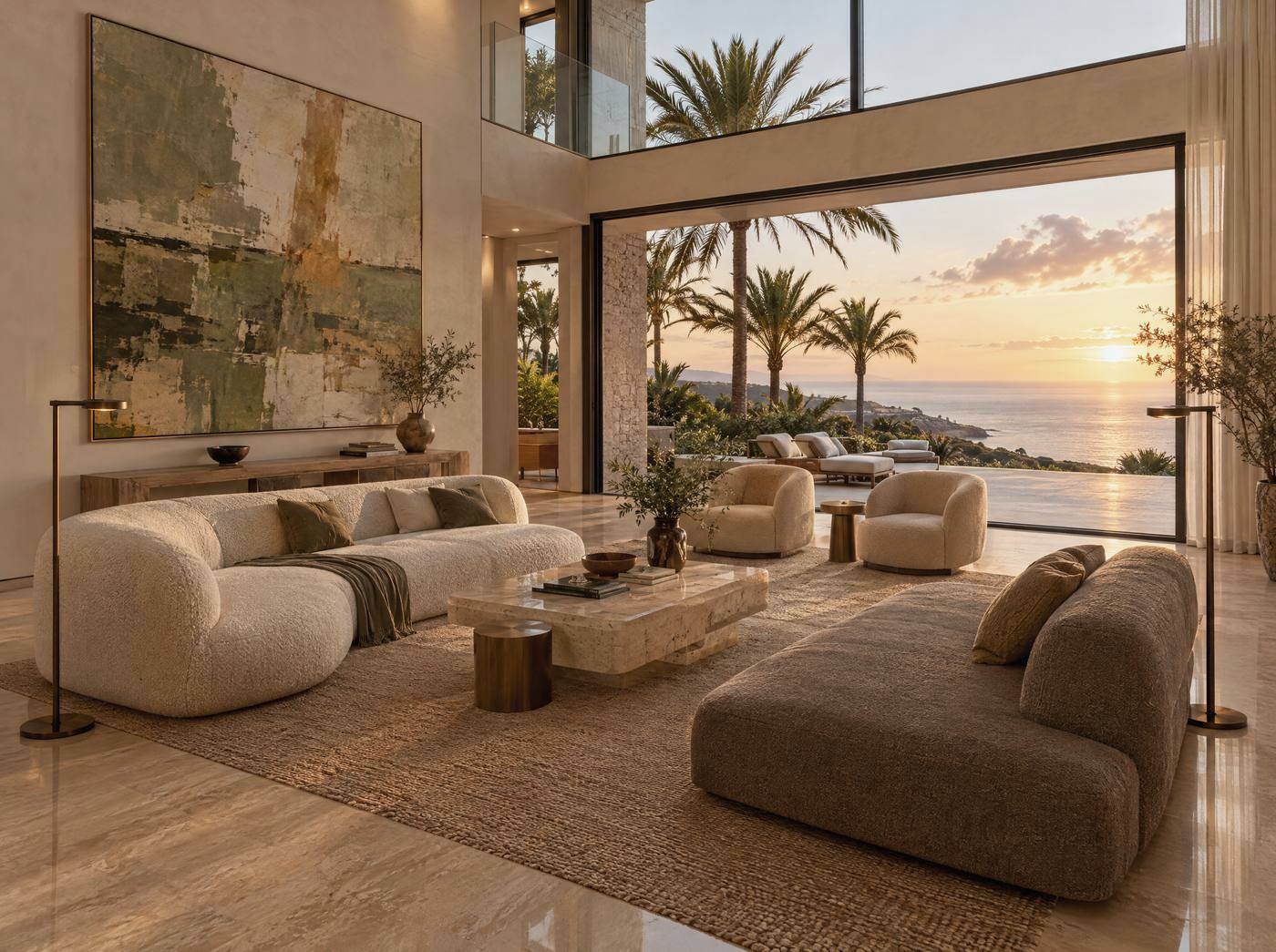 Salón a doble altura con vistas al Atlántico al atardecer