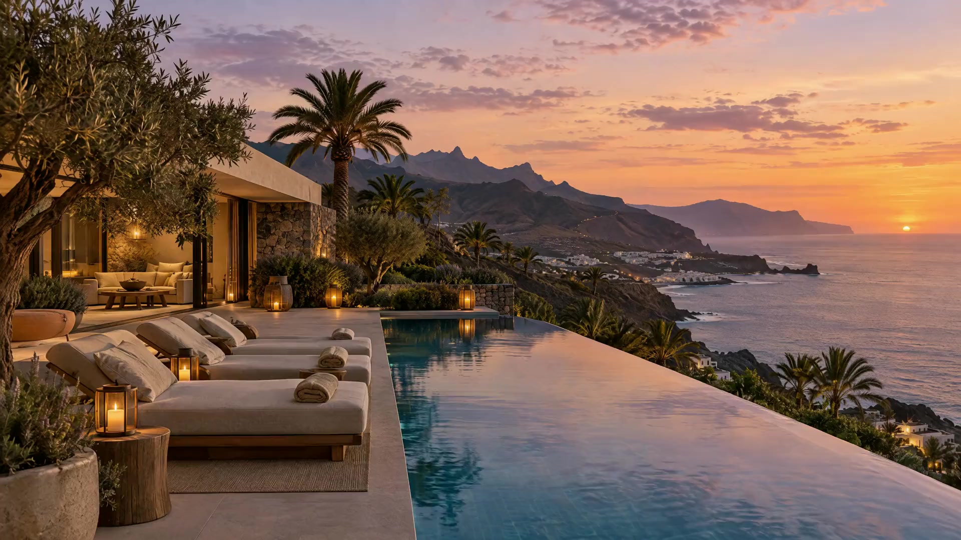 Terraza con piscina infinita sobre el Atlántico al anochecer