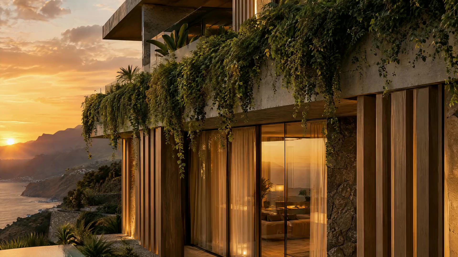 Fachada de lamas de madera y plantas colgantes al atardecer
